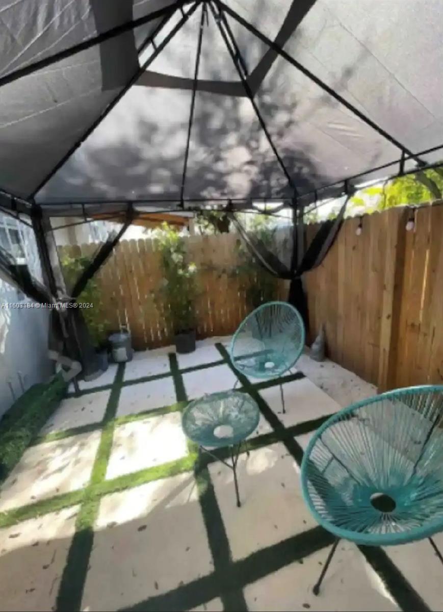 a backyard of a house with table and chairs