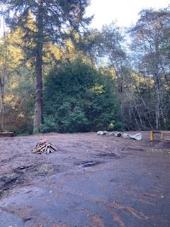 a view of dirt road with trees in the background