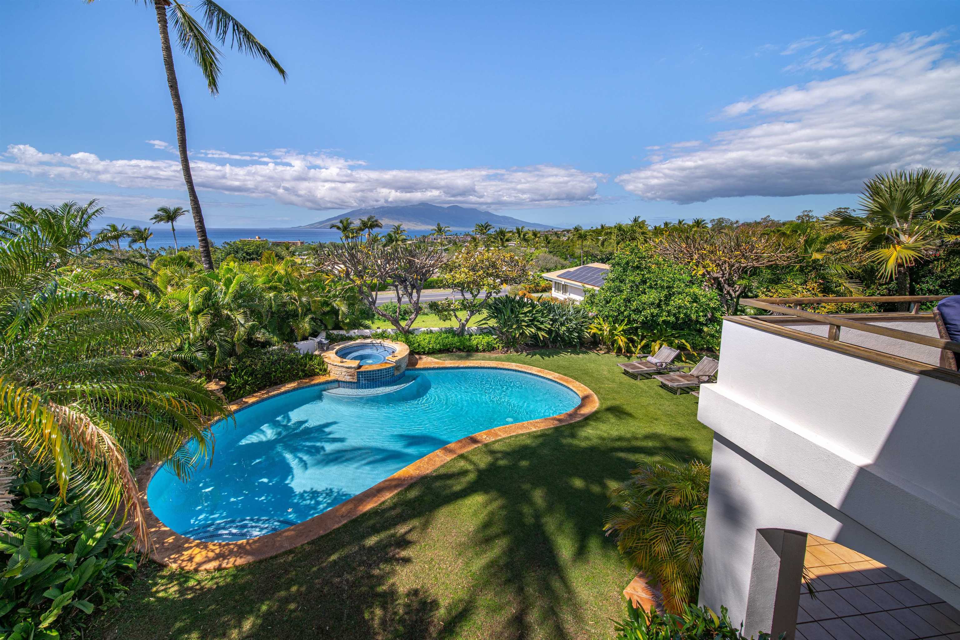 a view of a swimming pool with a yard and mountain view