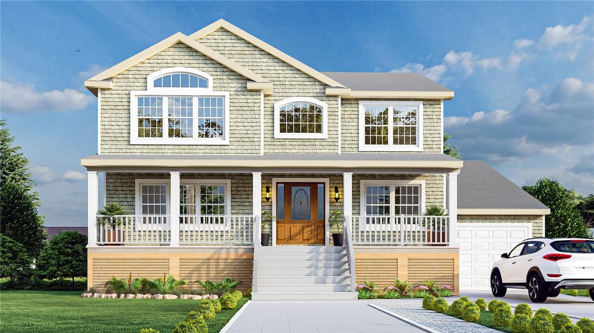 View of front facade with a front lawn, a garage, and a porch