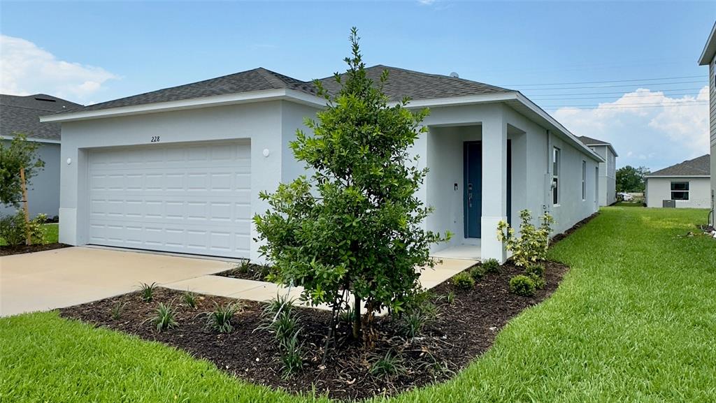 a front view of house with a garden