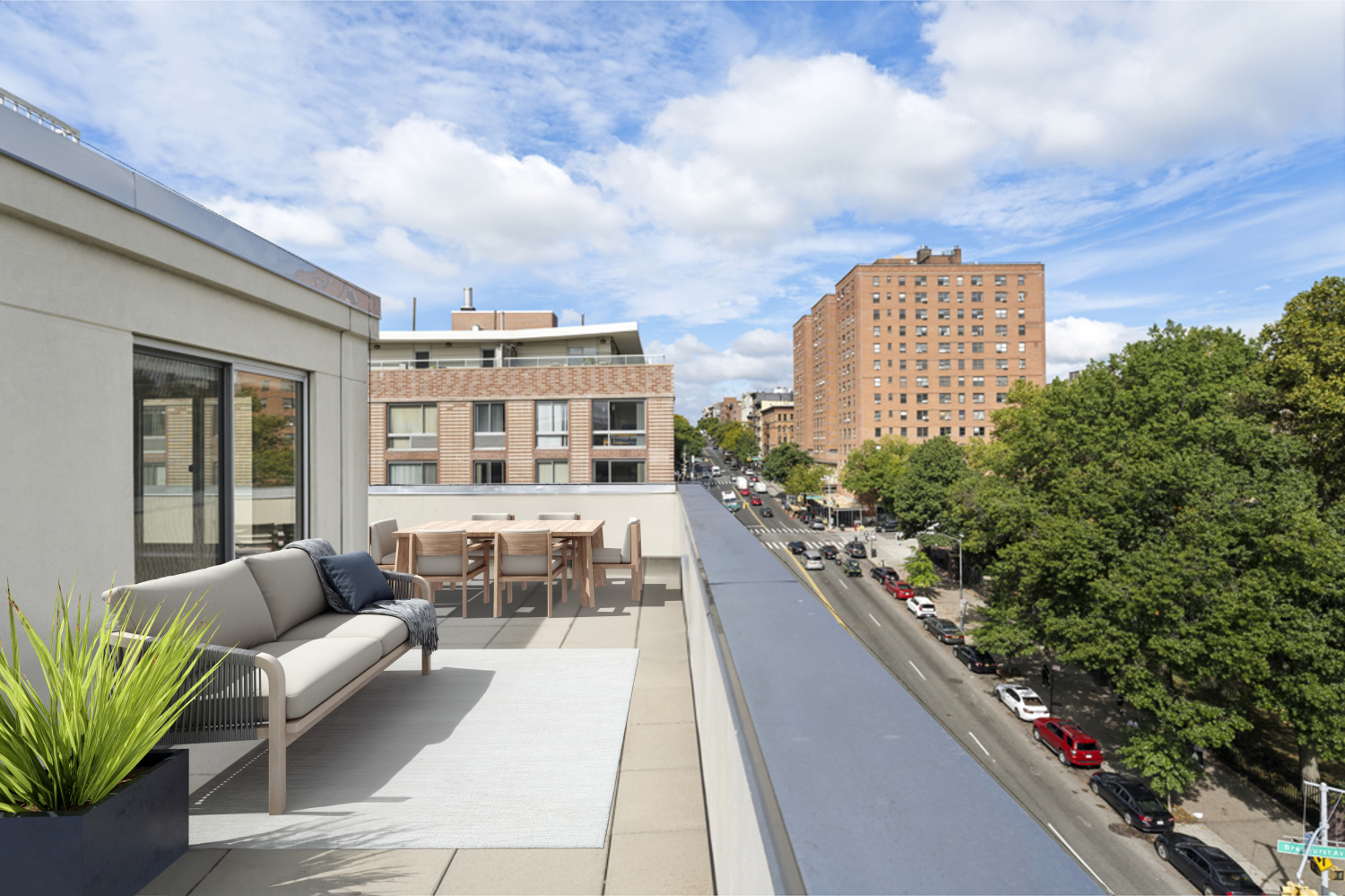 a view of balcony with furniture