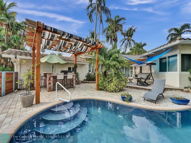 a view of a house with swimming pool and sitting area