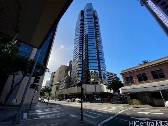 a front view of a building with street view