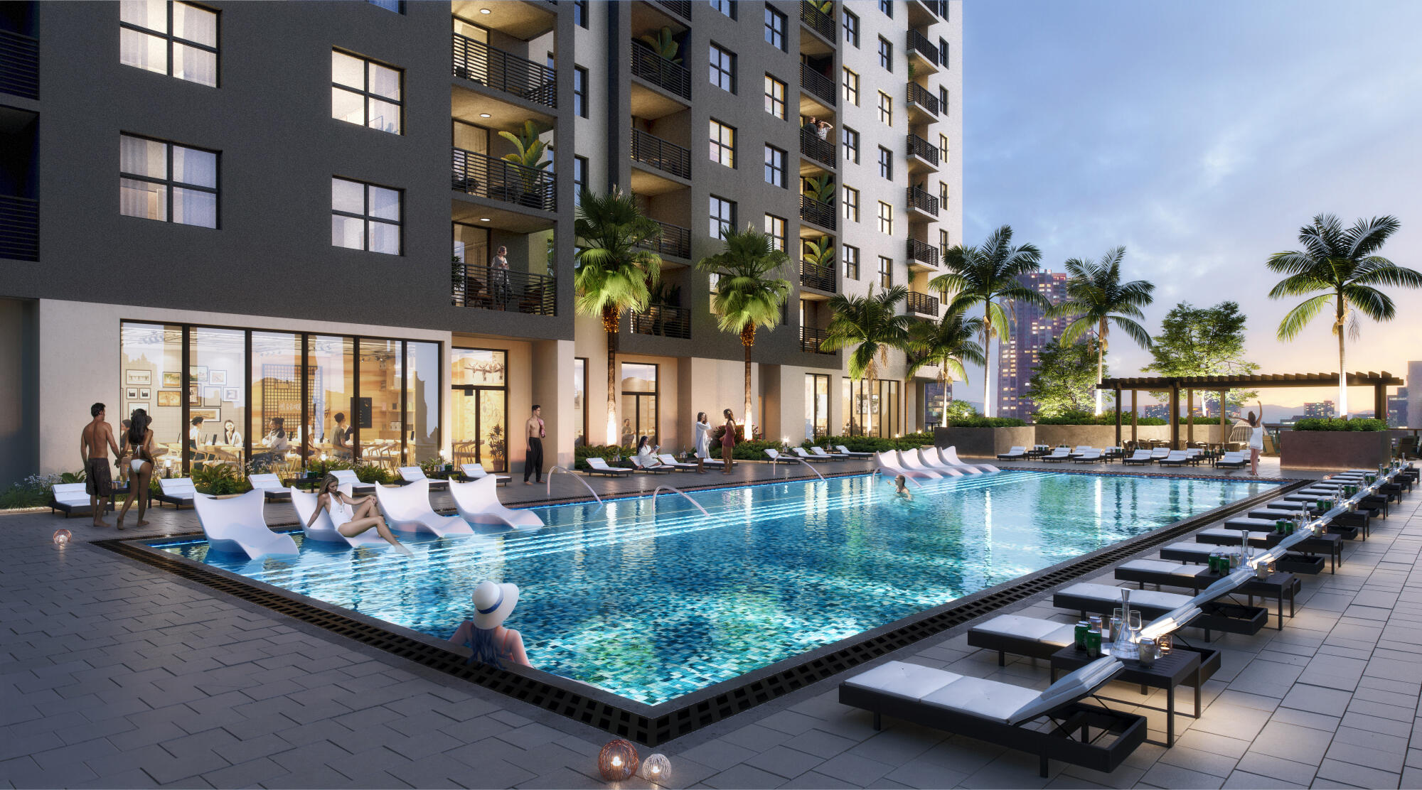 a view of swimming pool with outdoor seating