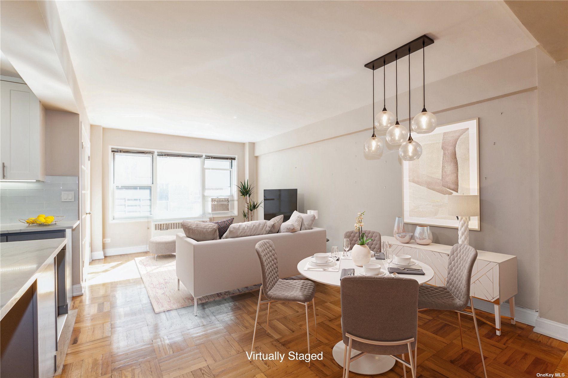 a living room with furniture a flat screen tv and a large window