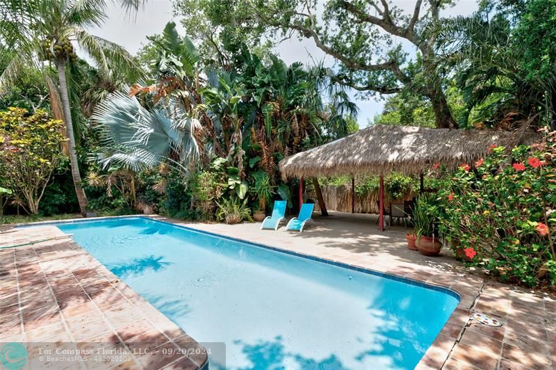 a view of a backyard with lawn chairs under an umbrella