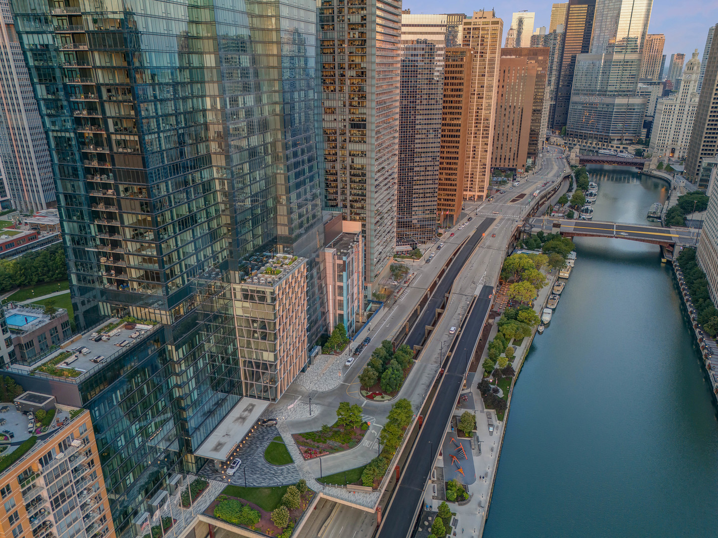 a city view with tall buildings