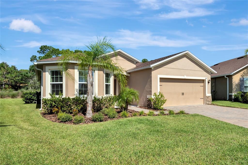 a front view of house with yard and green space