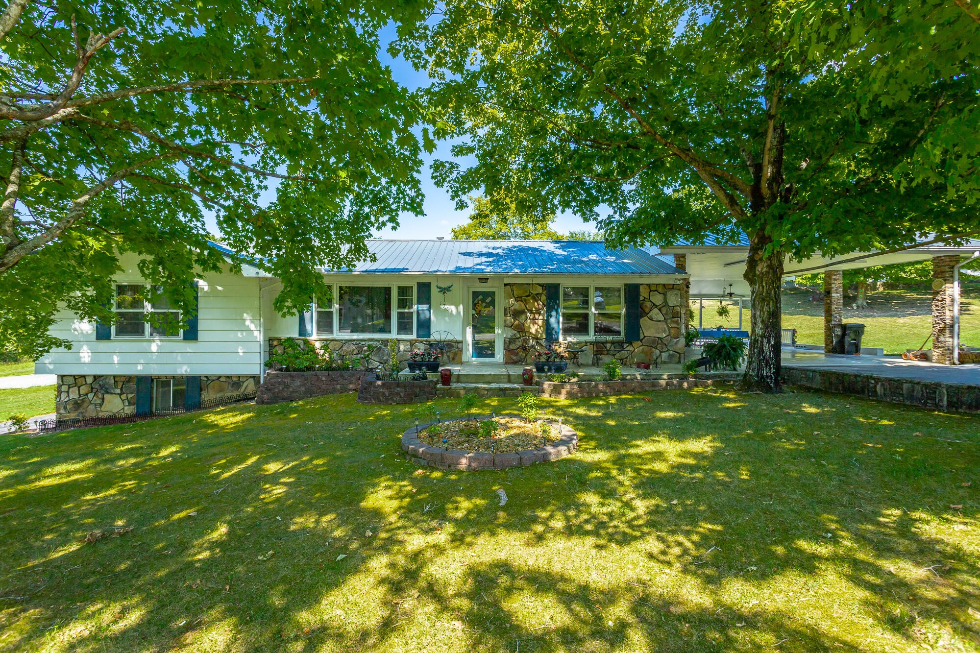 a view of a house with a big yard potted plants and large tree