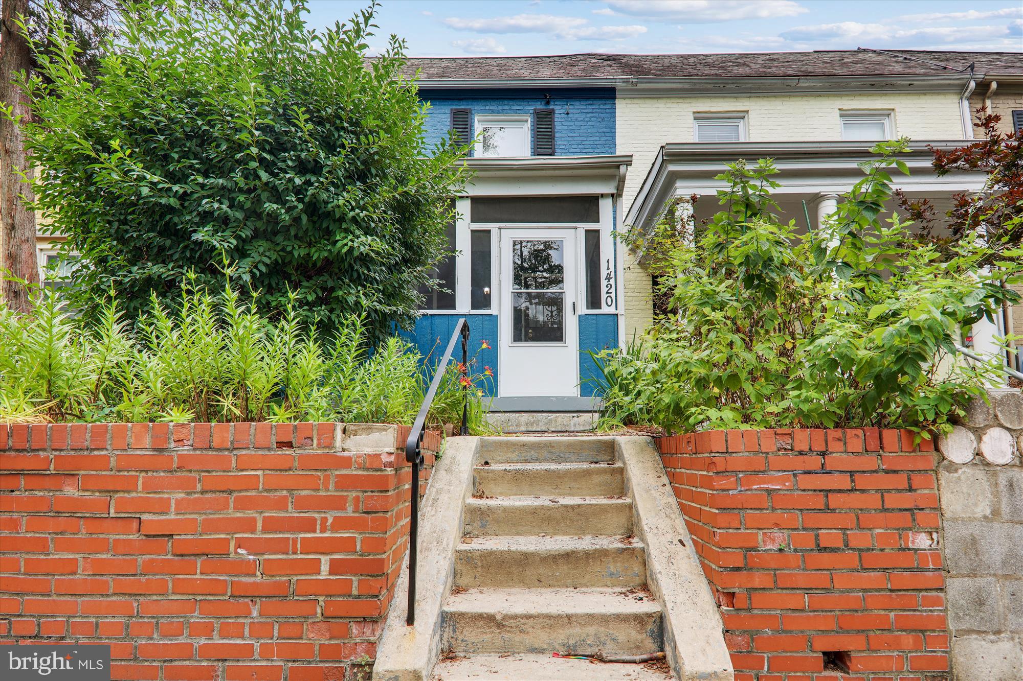 a front view of a house with plants