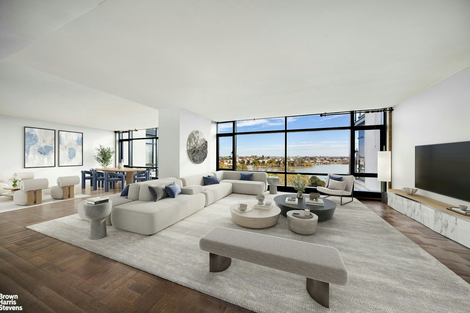 a living room with furniture large window and a flat screen tv