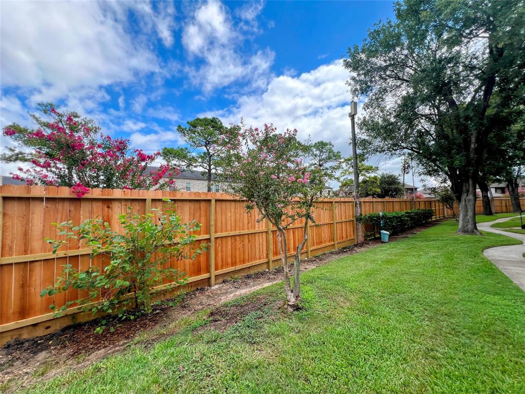 a view of a backyard with wooden fence