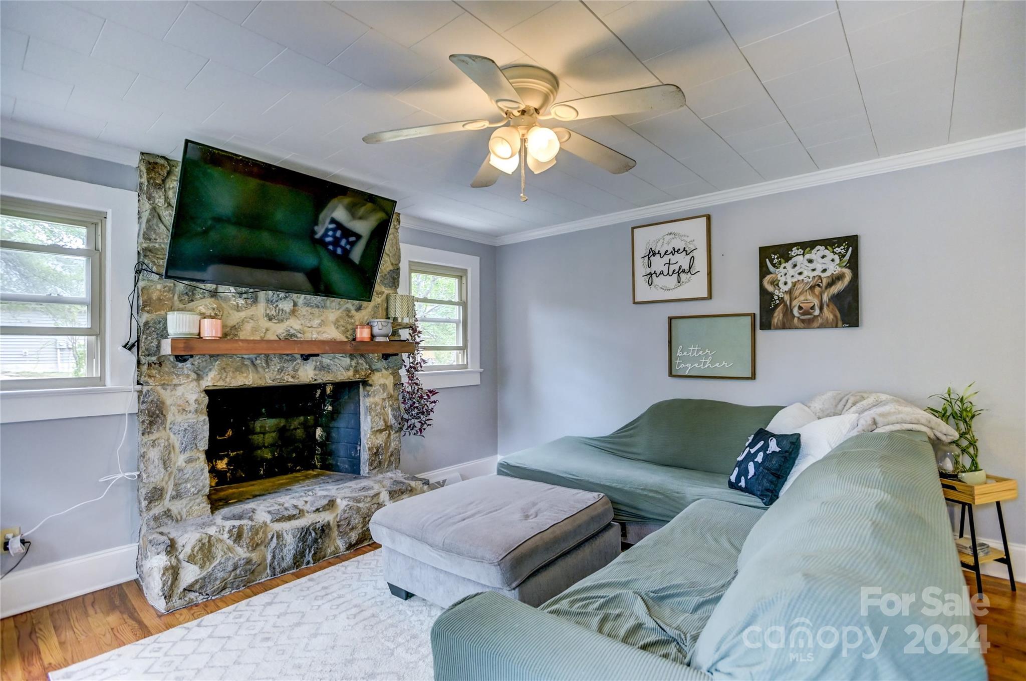 a living room with furniture a flat screen tv and a fireplace