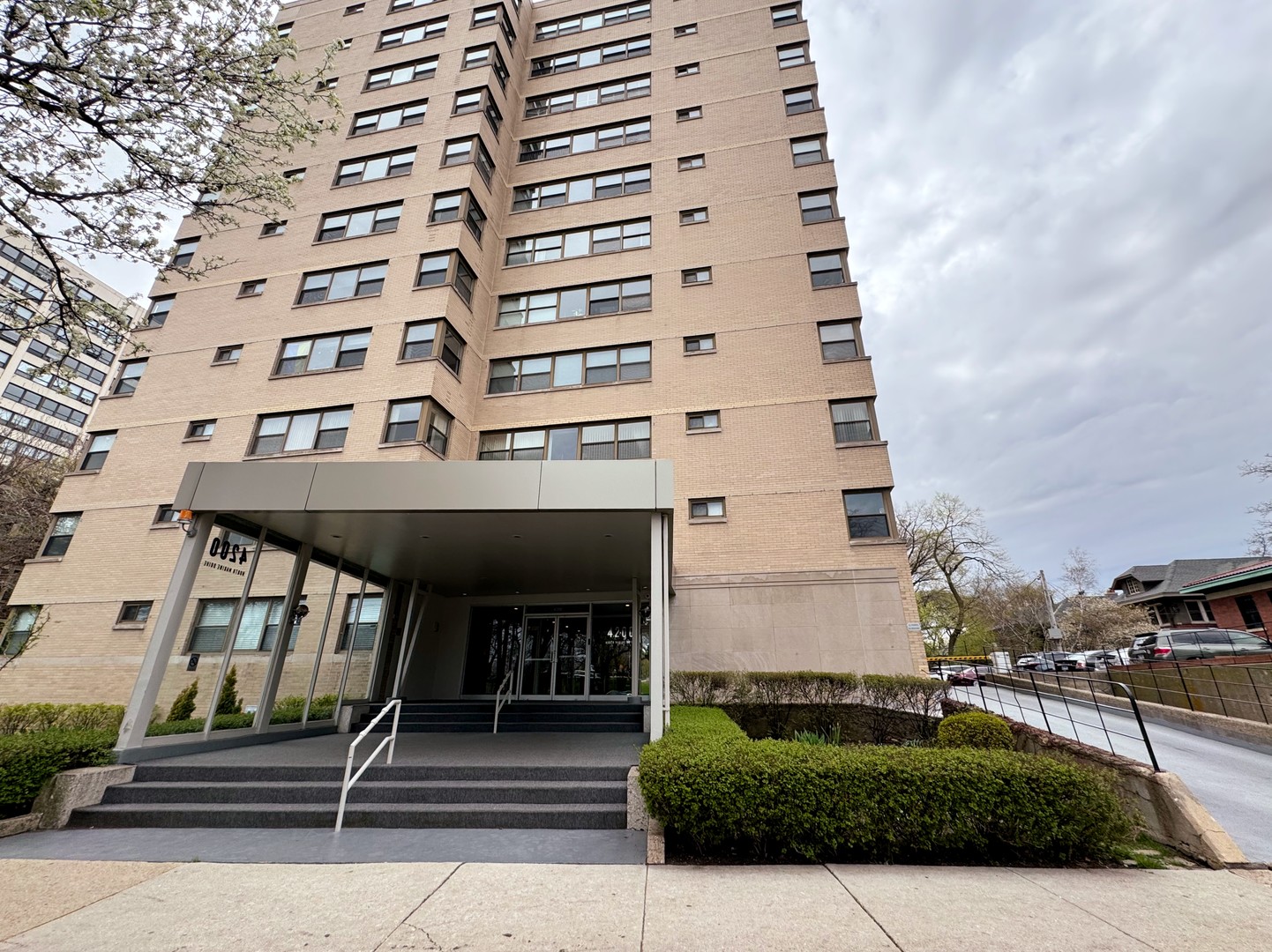 a front view of a multi story building