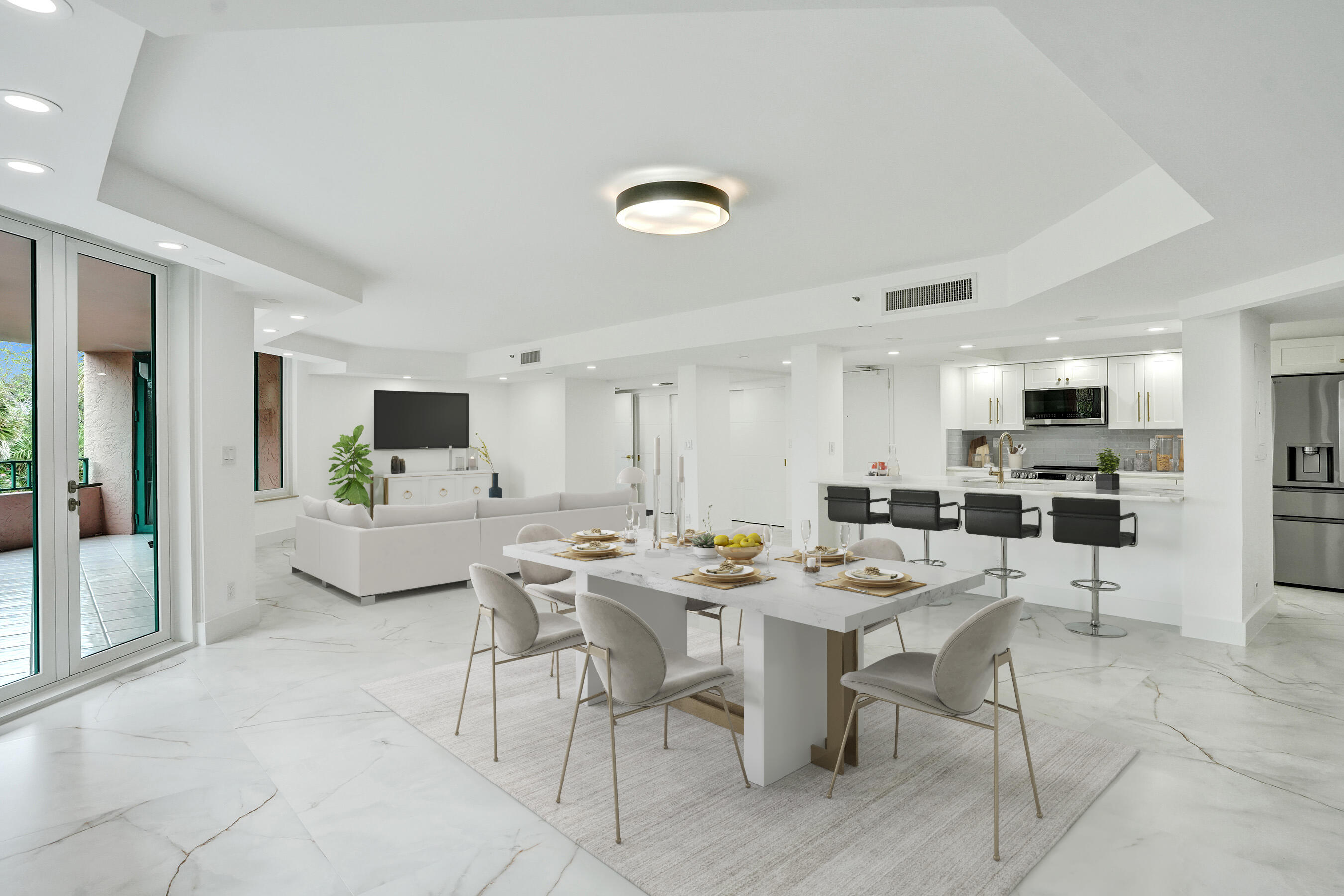 a view of a dining room with furniture