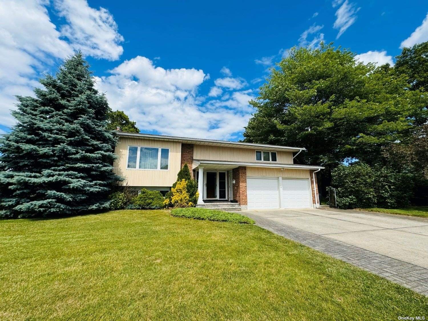 a front view of house with yard and green space