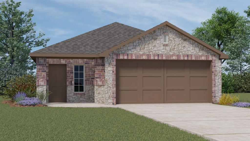 a front view of a house with a garden and garage