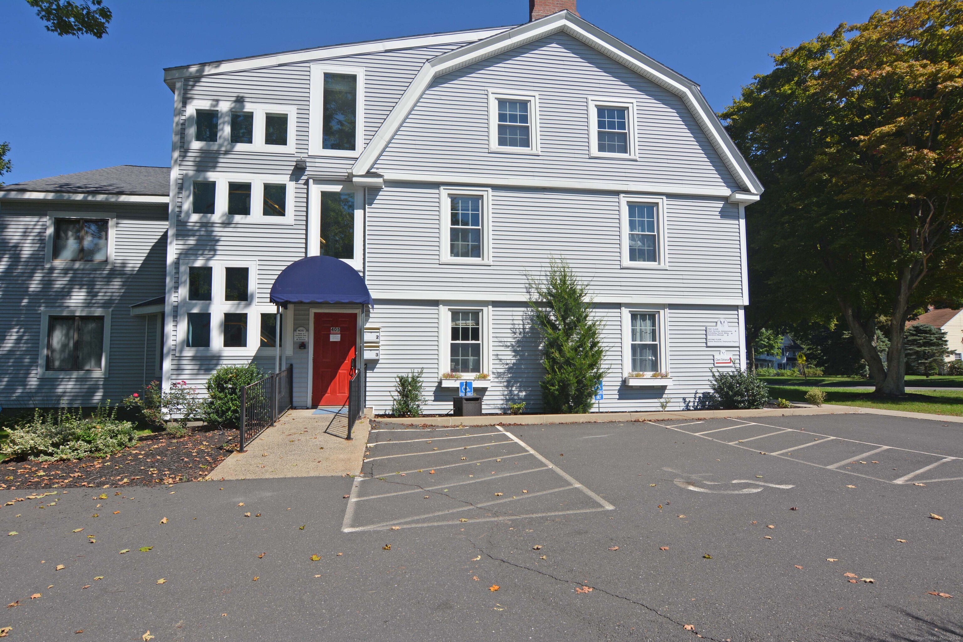 a view of a building with a street