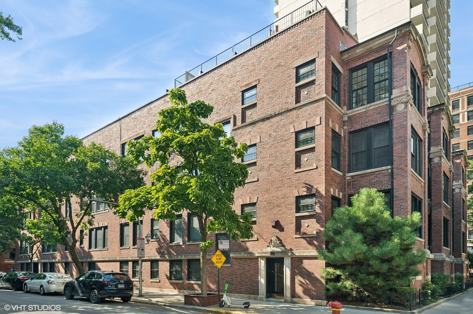 a front view of a building with street view