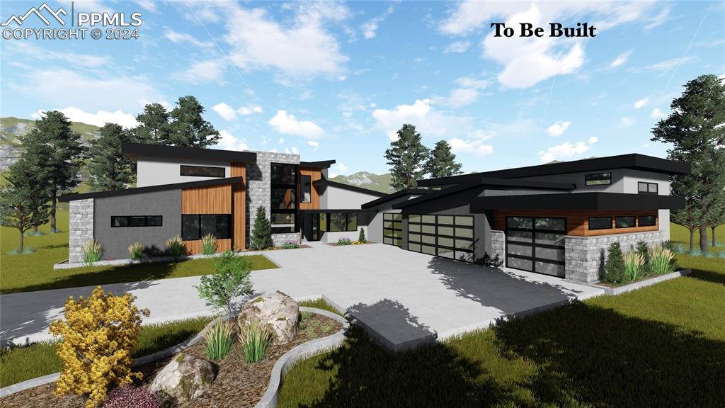 a front view of a house with a yard garden and outdoor seating