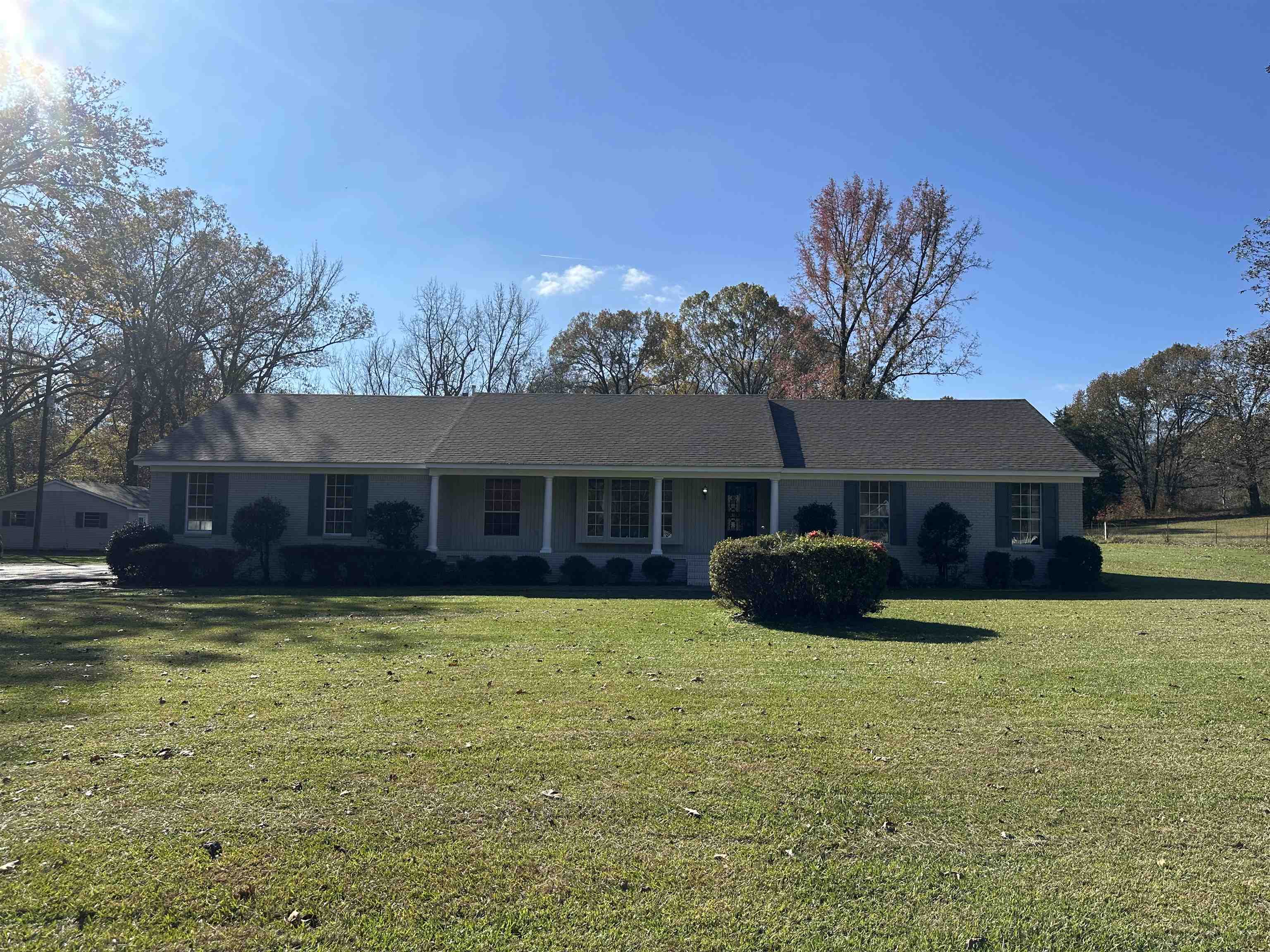 a view of a house with a yard and a large tree