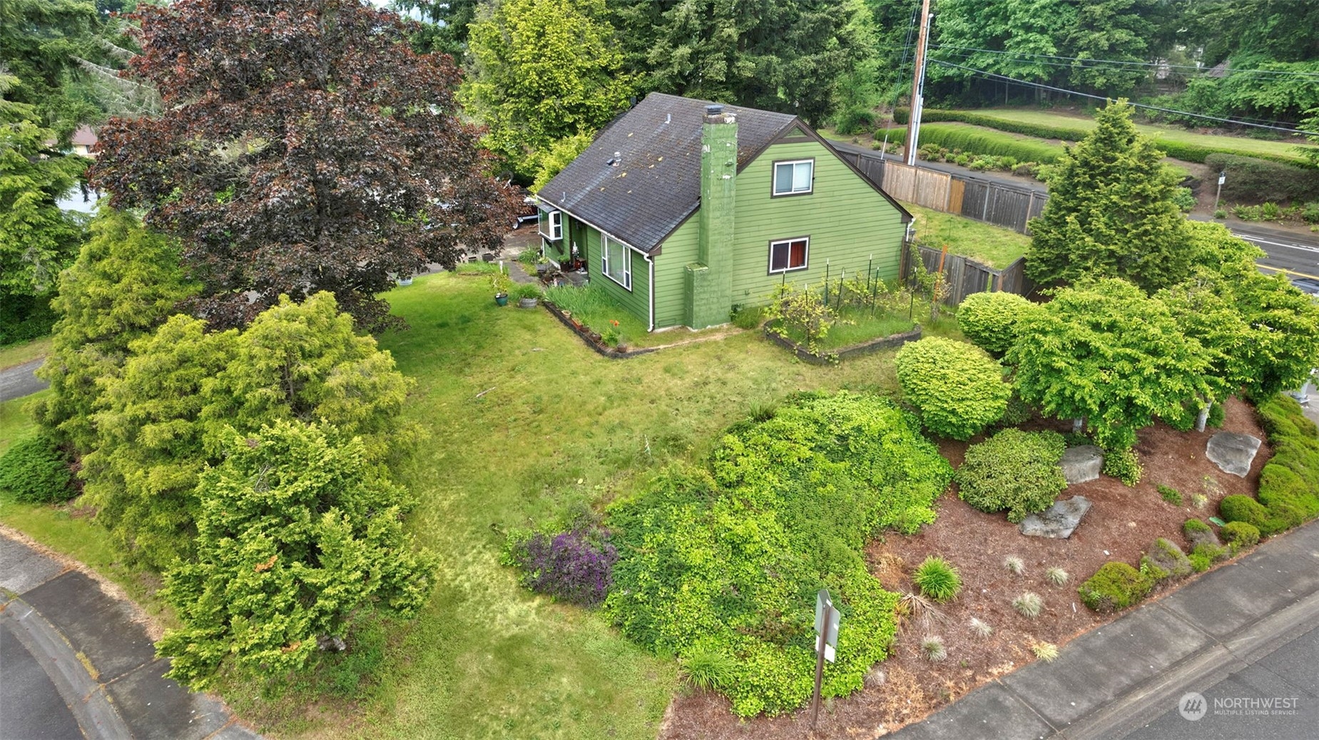 a aerial view of a house with a yard and plants