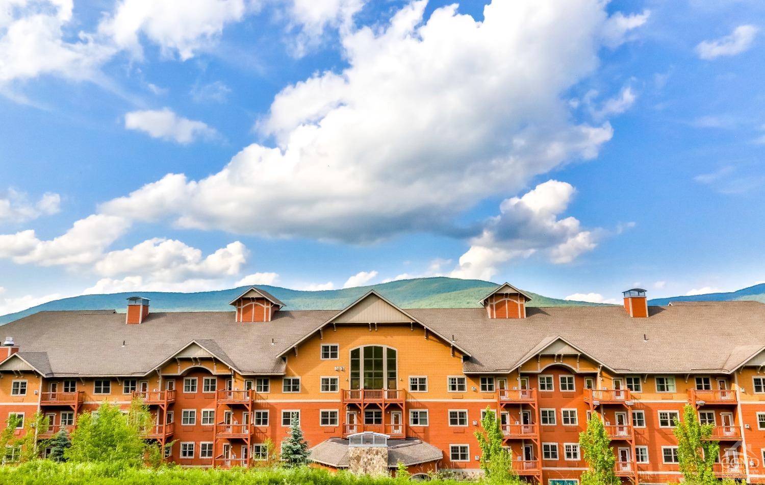 a view of a big house with large windows and a yard