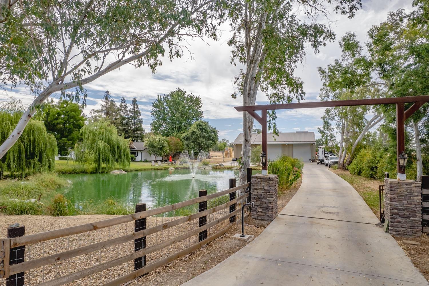 a view of a lake with a patio