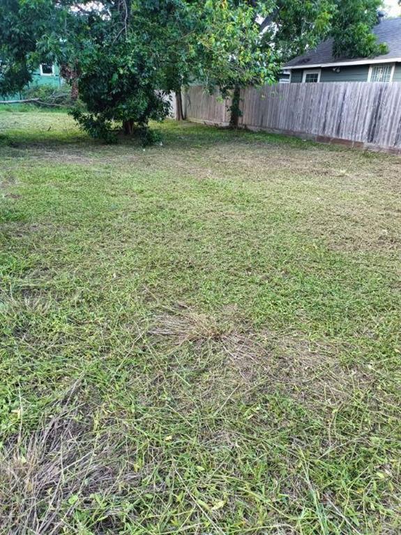 a view of a yard with a wooden fence