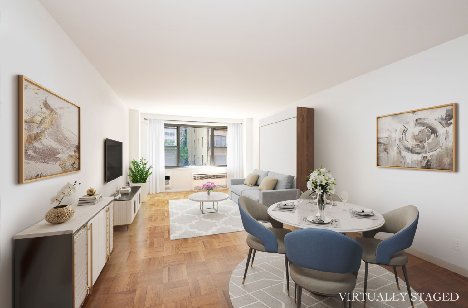 a view of a dining room with furniture window and wooden floor