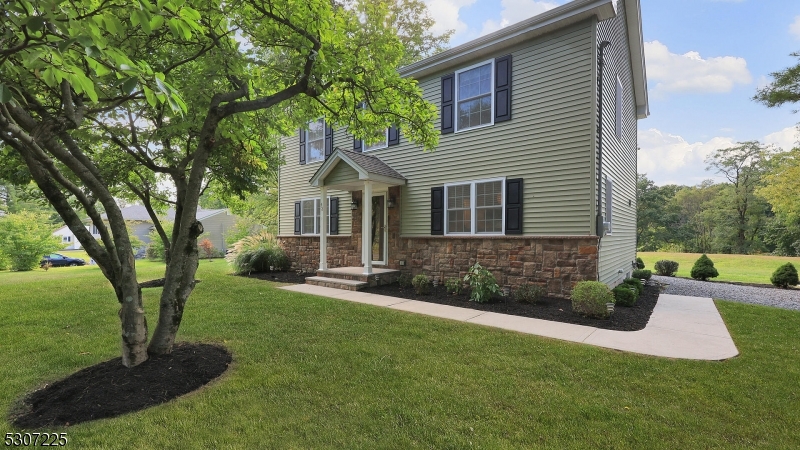 a view of a house with backyard and a tree