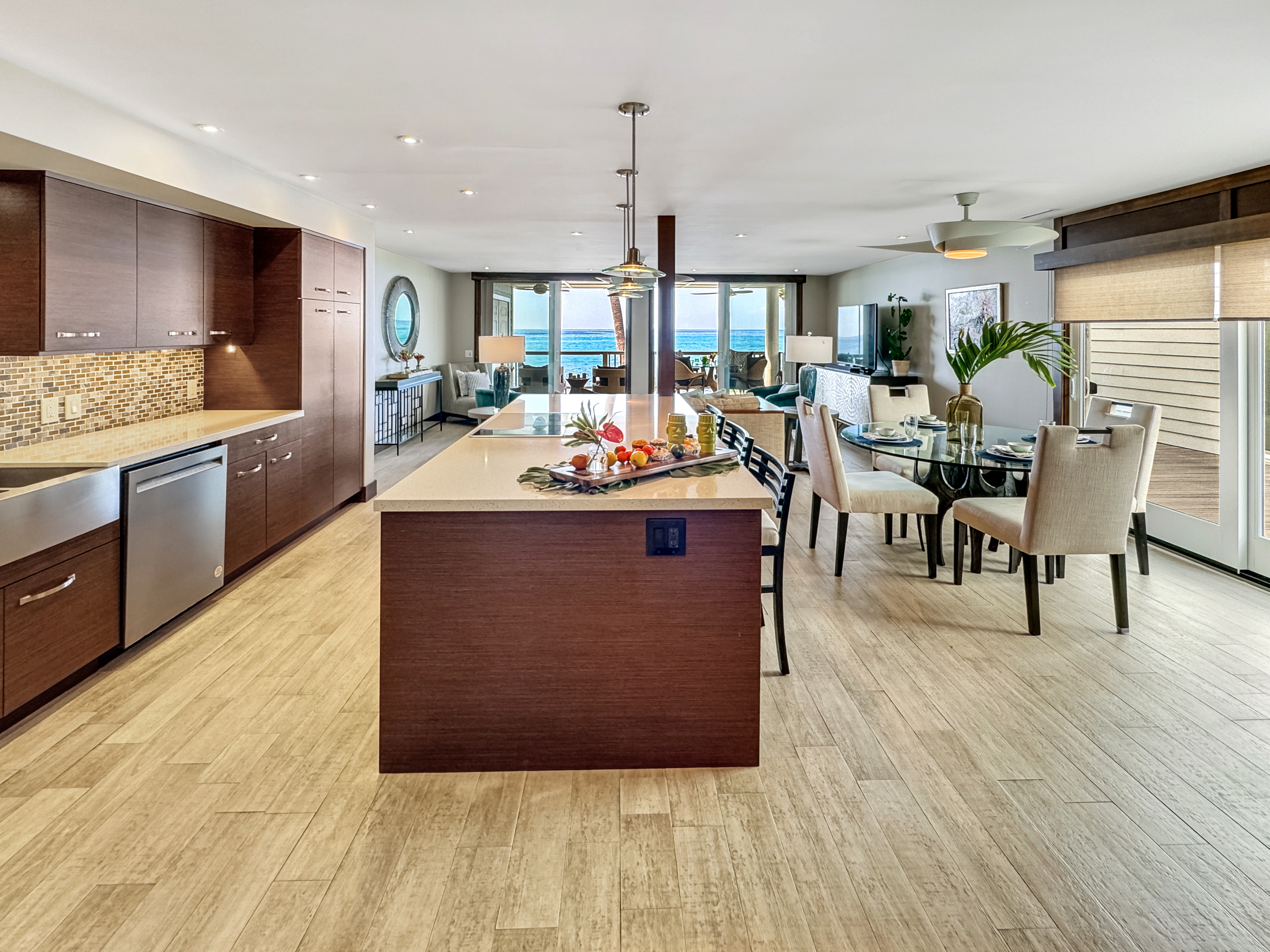 Large kitchen area with direct ocean views