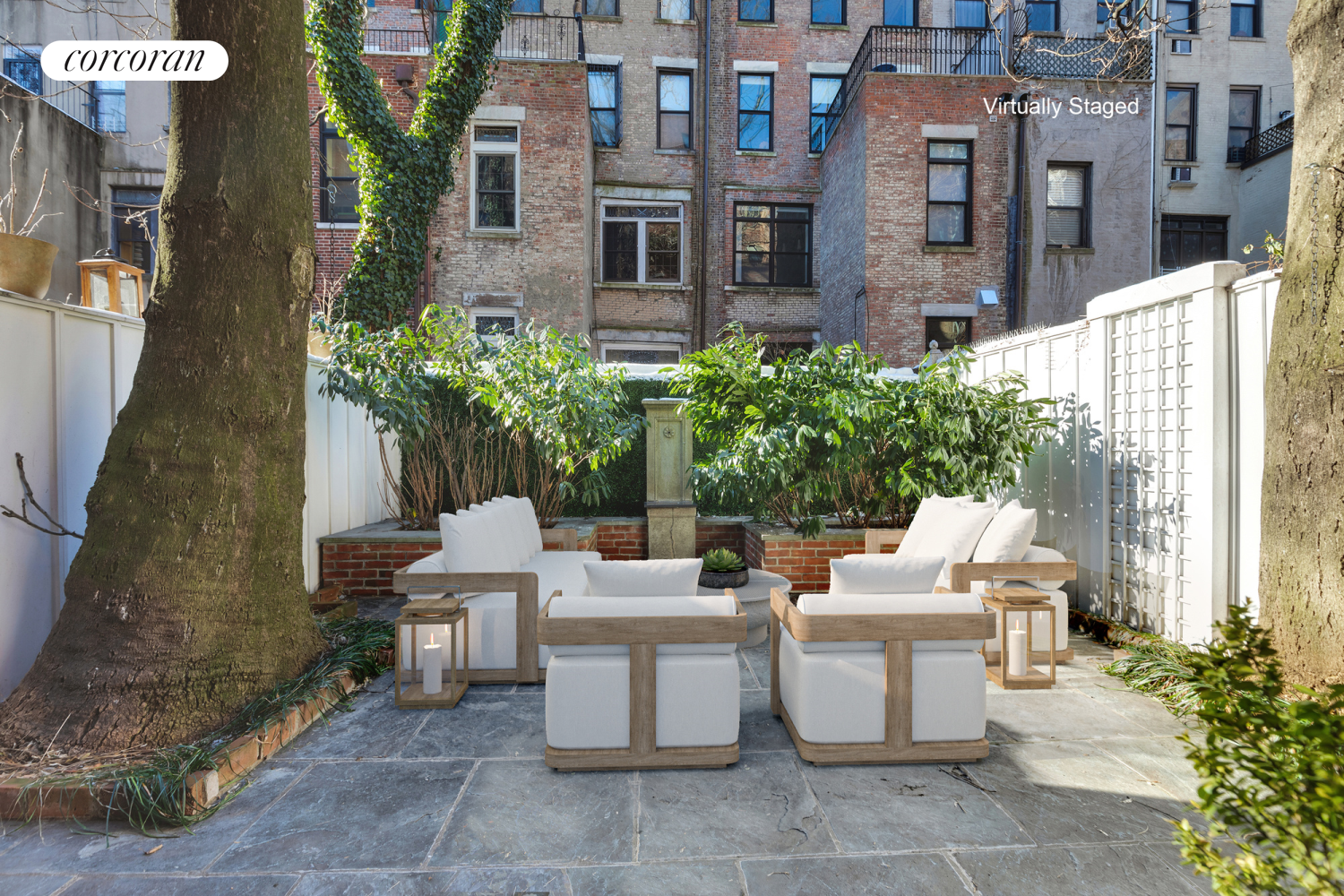 a view of a patio with table and chairs and potted plants