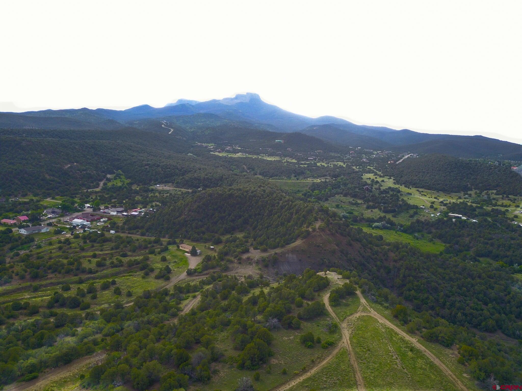 a view of a dry yard with mountains in the background