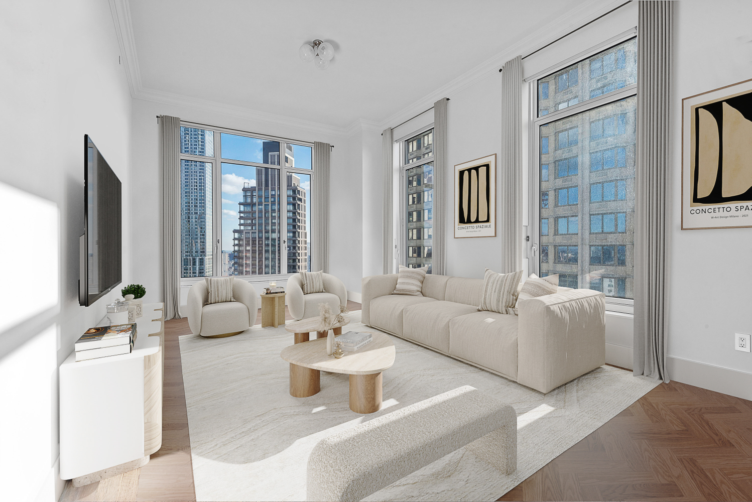 a living room with furniture and large windows