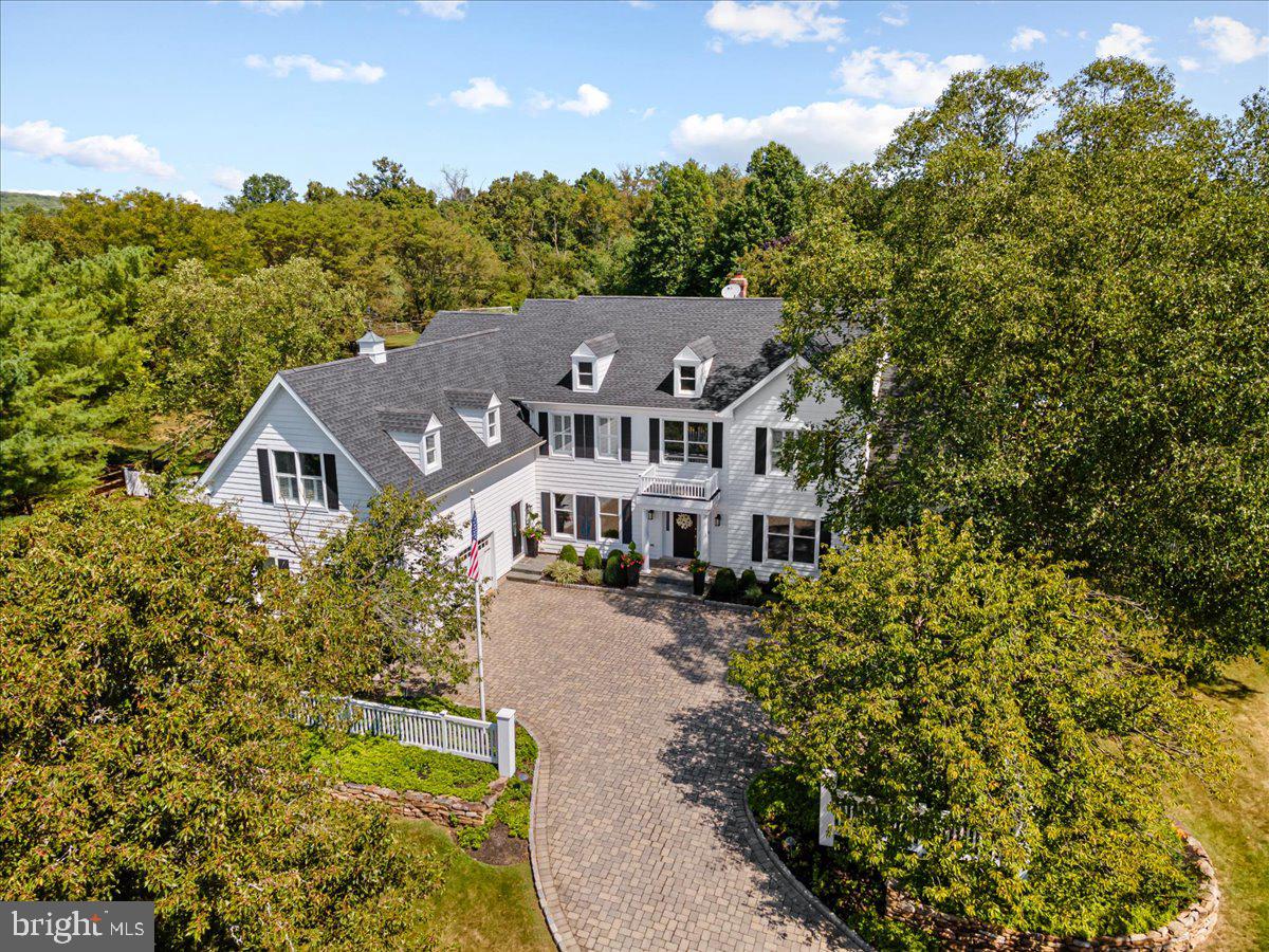 aerial view of a house with a big yard and large tree