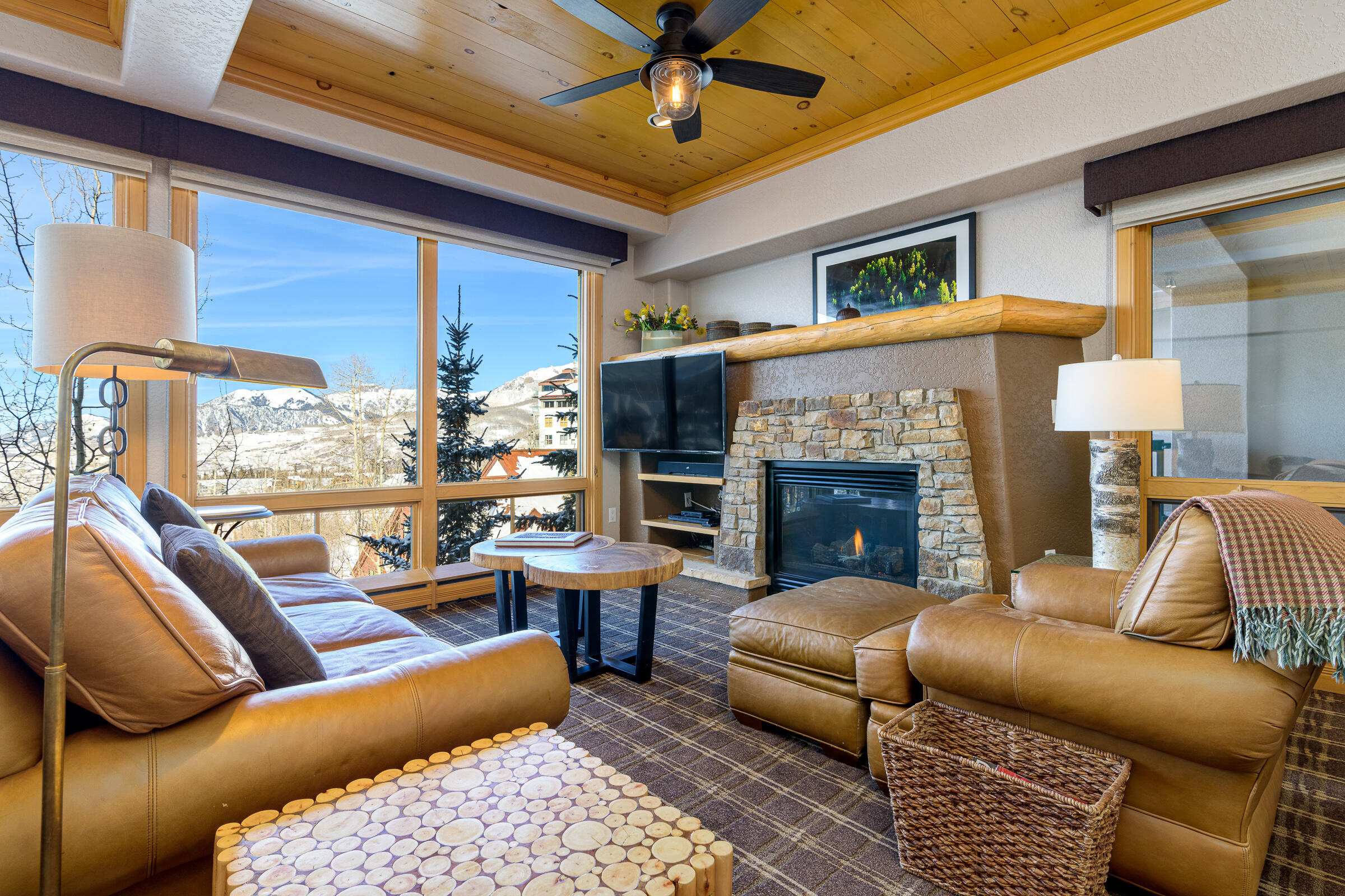 a living room with furniture ceiling fan and a fireplace