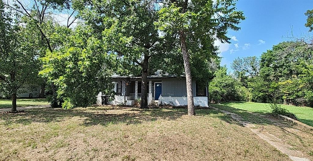 a backyard of a house with yard and tree