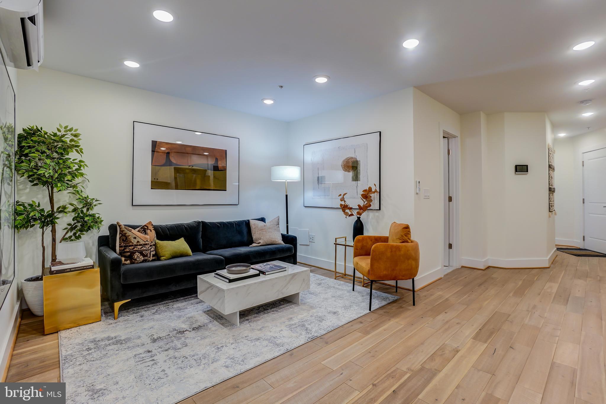 a living room with furniture and a rug