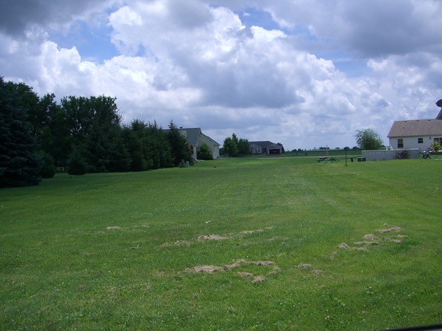 a view of a big yard with a house in the background