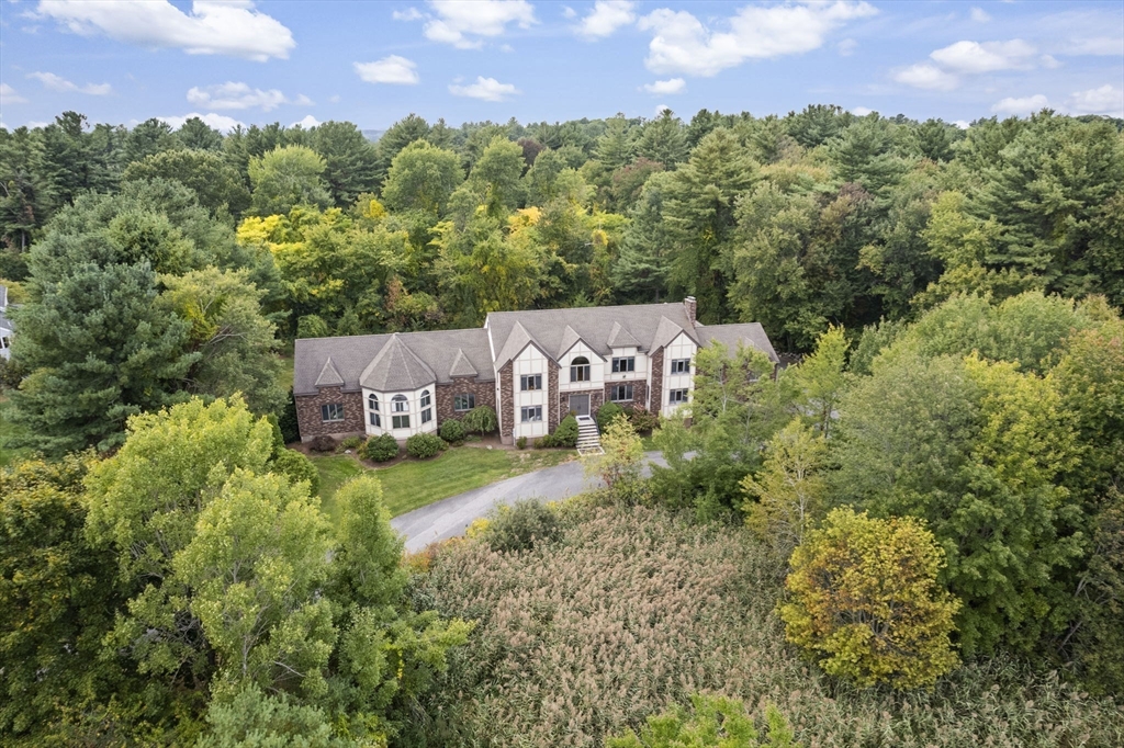 an aerial view of a house with yard and green space