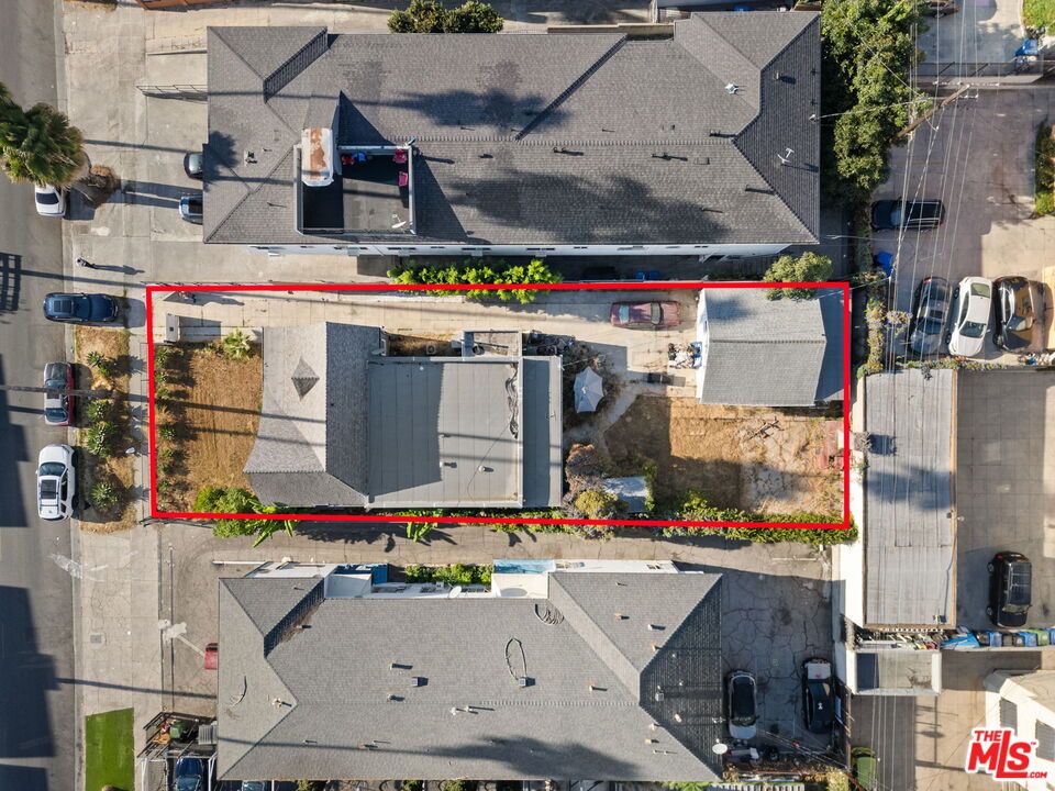 an aerial view of an buildings and street