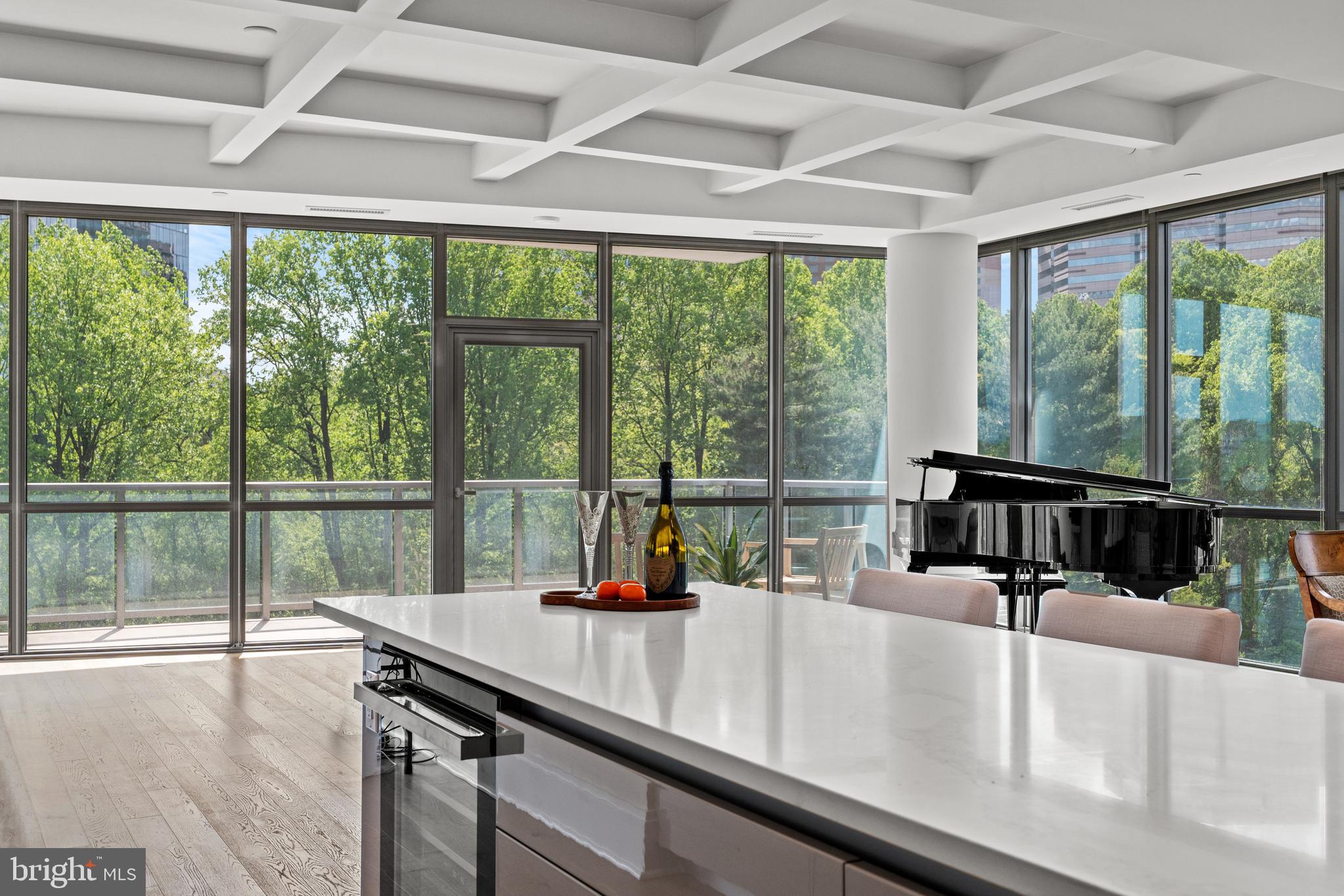 a kitchen with a large window