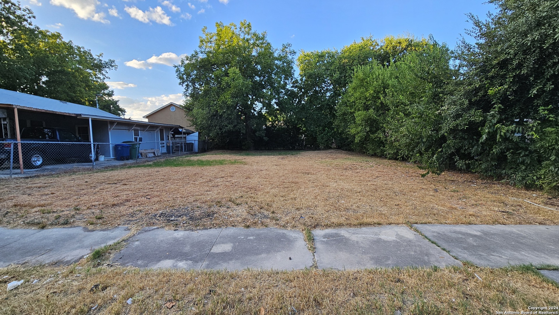 a view of a backyard with large trees