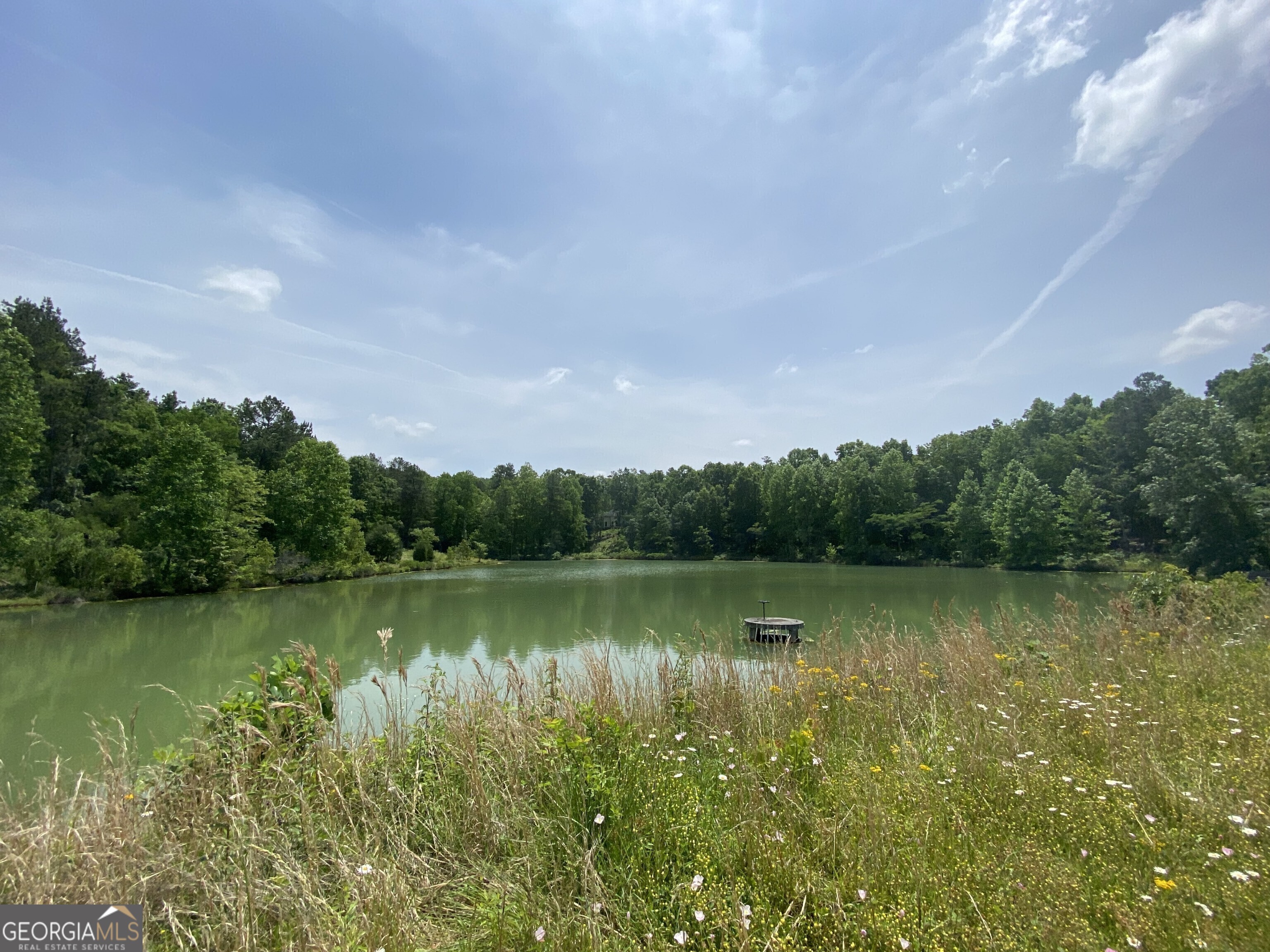 a view of a lake with houses in the back