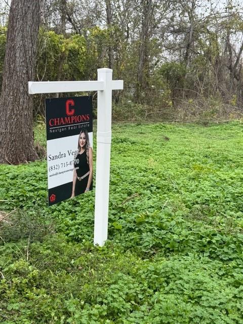 a view of a sign in a garden with large trees