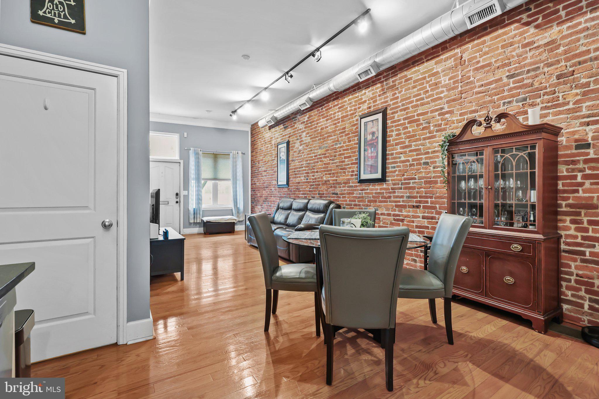 a view of a dining room with furniture