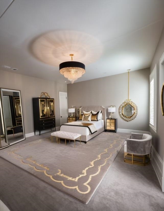 Bedroom featuring carpet floors and an inviting chandelier