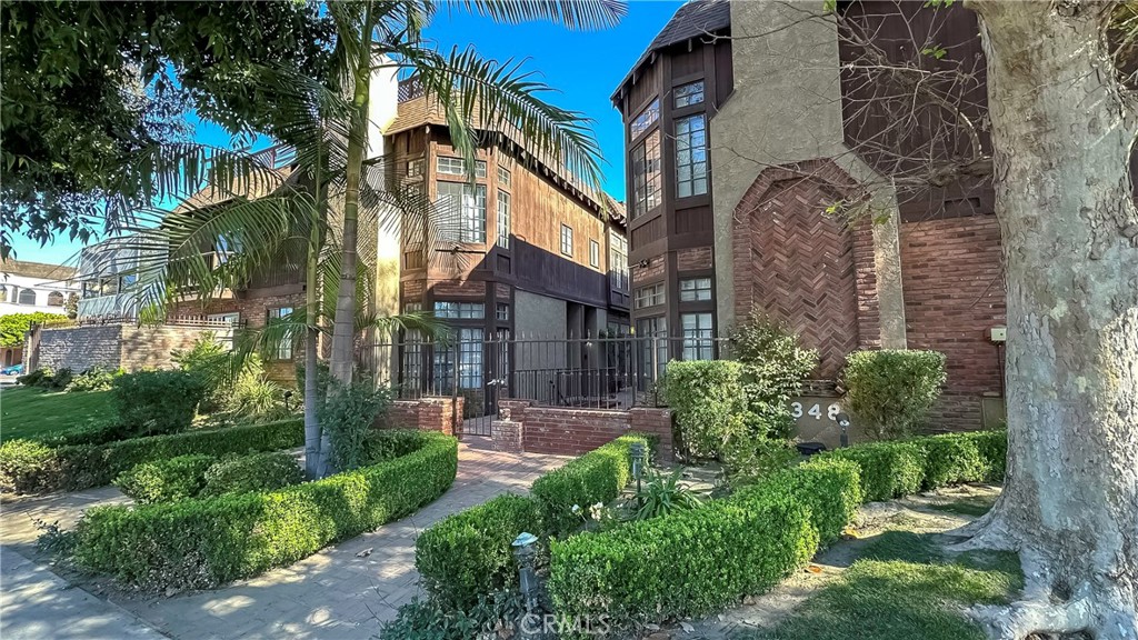 a view of a building and a garden